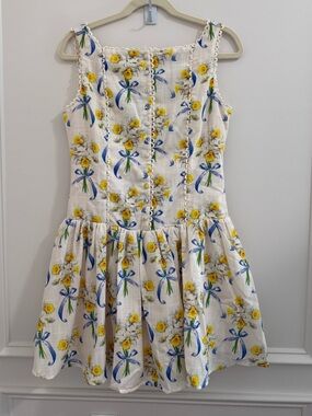 En Saison White Dress with Yellow Floral & Blue Bow Print NWT